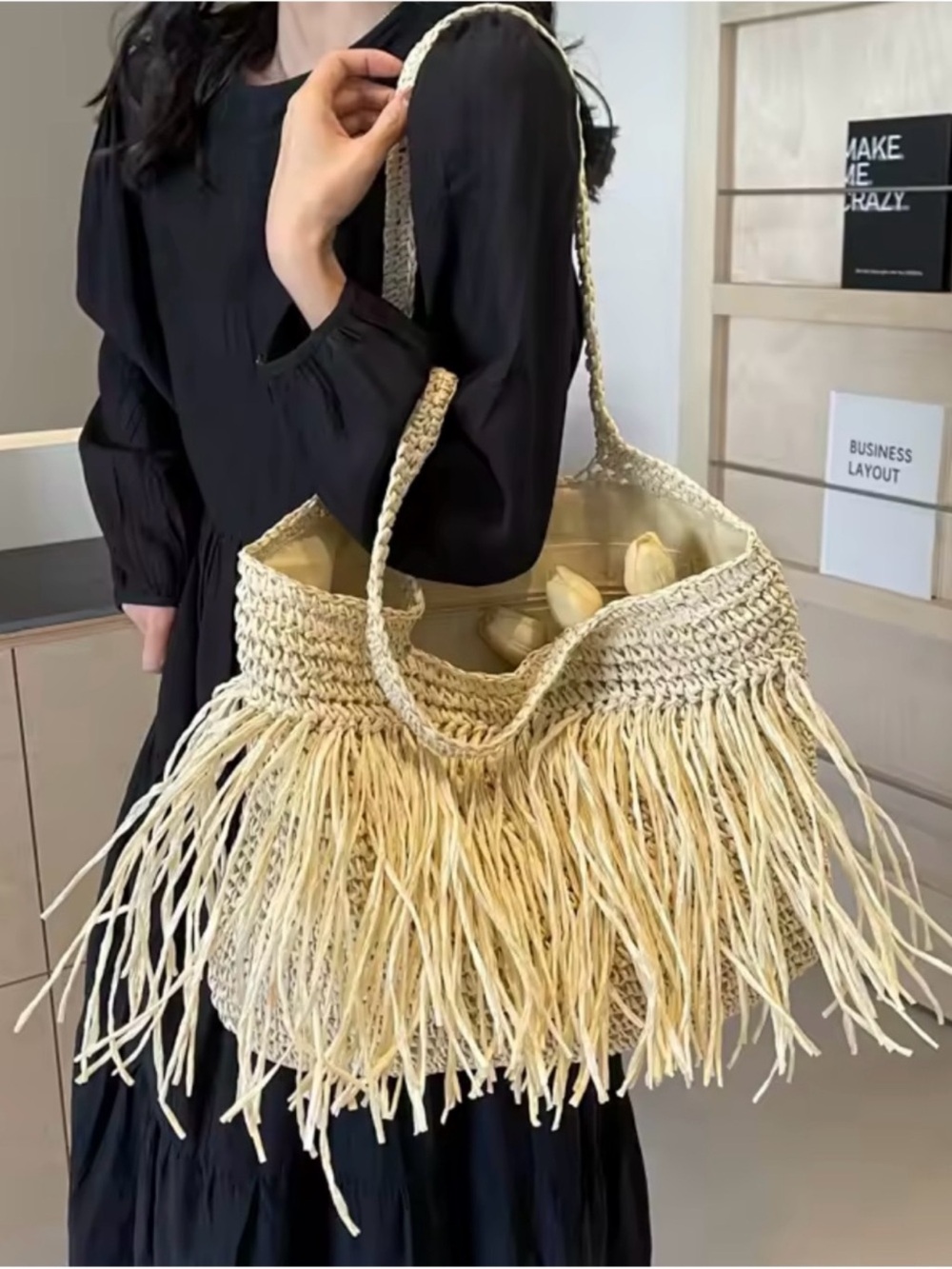 Neutral Fringe Straw Tote Bag